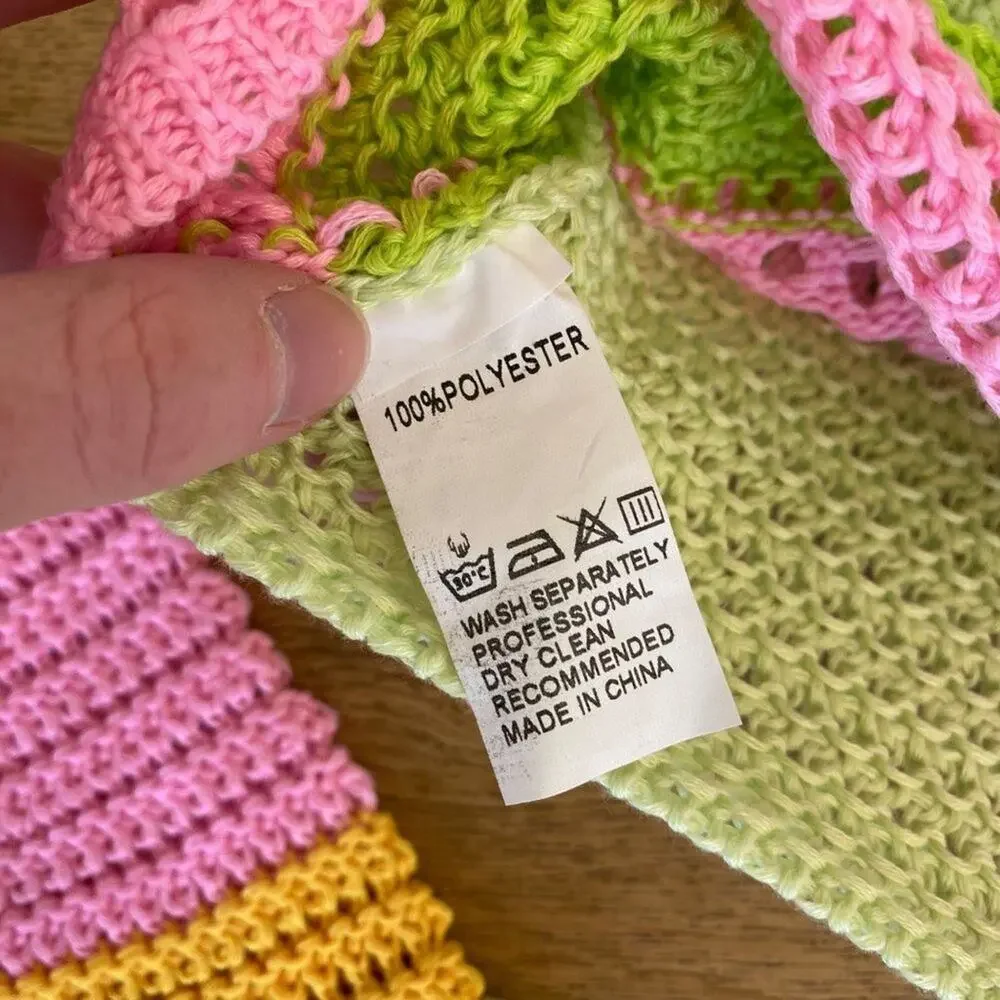 Crochet Knit Stripe Bell Sleeve Crop Top in Green & Pink